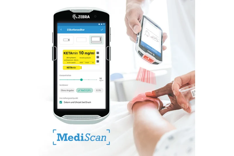 MediScan App Teaser image with MediScan logo in blue, a handheld RFID device and in the background a patient in a hospital bed whose patient wristband is being scanned