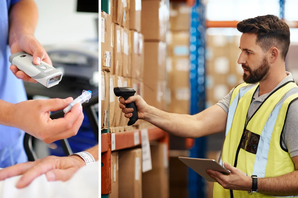 Zwei Anwendungsbeispiele für Barcode-Scanner: links eine Person im medizinischen Bereich scannt ein Patientenarmband, rechts ein Lagerarbeiter mit Warnweste scannt Pakete in einem Lagerregal.
