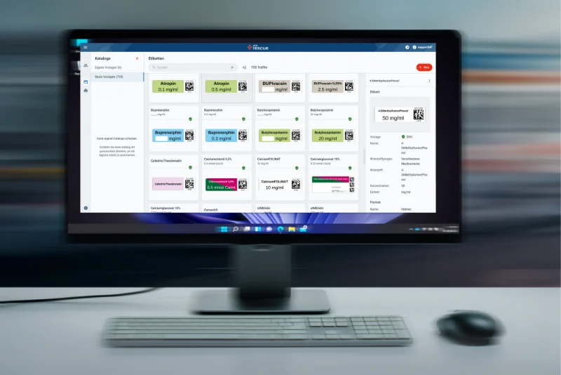 Computerbildschirm zeigt die MEDIrescue-Software mit verschiedenen farbigen Kacheln für Medikamente und Dosierungen.