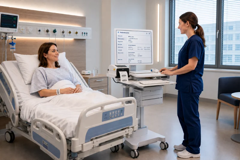 Mediaform-Mobiler-Arbeitsplatz-Visitenwagen-News Pflegekraft nutzt einen mobilen Arbeitsplatz mit Bildschirm, Tastatur und Drucker am Krankenbett, um die elektronische Patientenakte einzusehen und mit der Patientin zu sprechen.